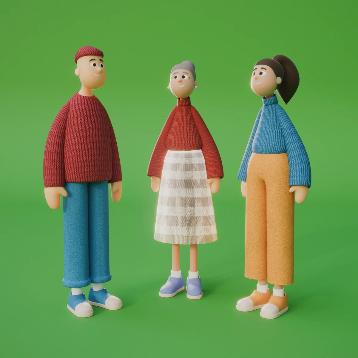 Drie 3D-personages in gebreide truien: een man met muts, een oudere vrouw met geruite rok en een jonge vrouw met paardenstaart.