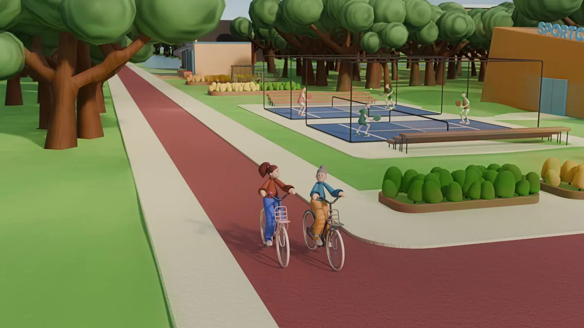 Moeder en dochter fietsen door een volgroeid gebied met bomen, sportvelden en woningen.